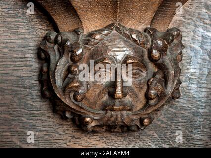 A green man misericord detail in St. Mary`s Church, Adderbury, Oxfordshire, England, UK Stock Photo